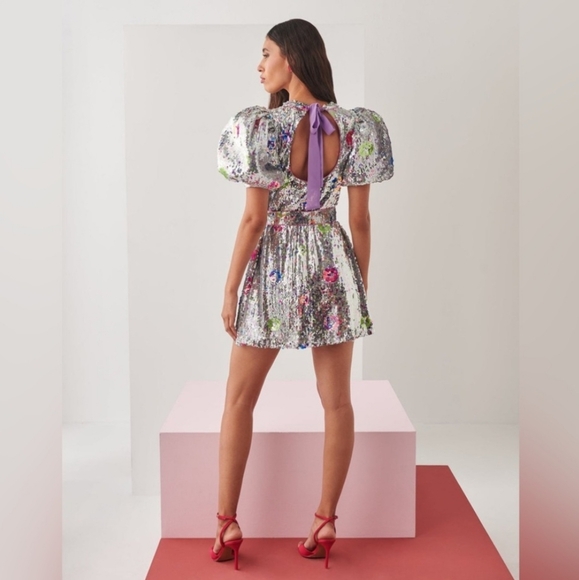 CeliaB Silver Sequin Mini Dress with Floral Accents - Picture 4 of 15